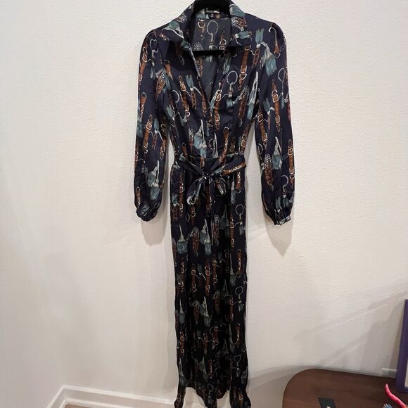 Fashion Nova The Entertainer Satin Jumpsuit Navy Sz XS Chain Tassel Print Rodeo - Picture 3 of 15